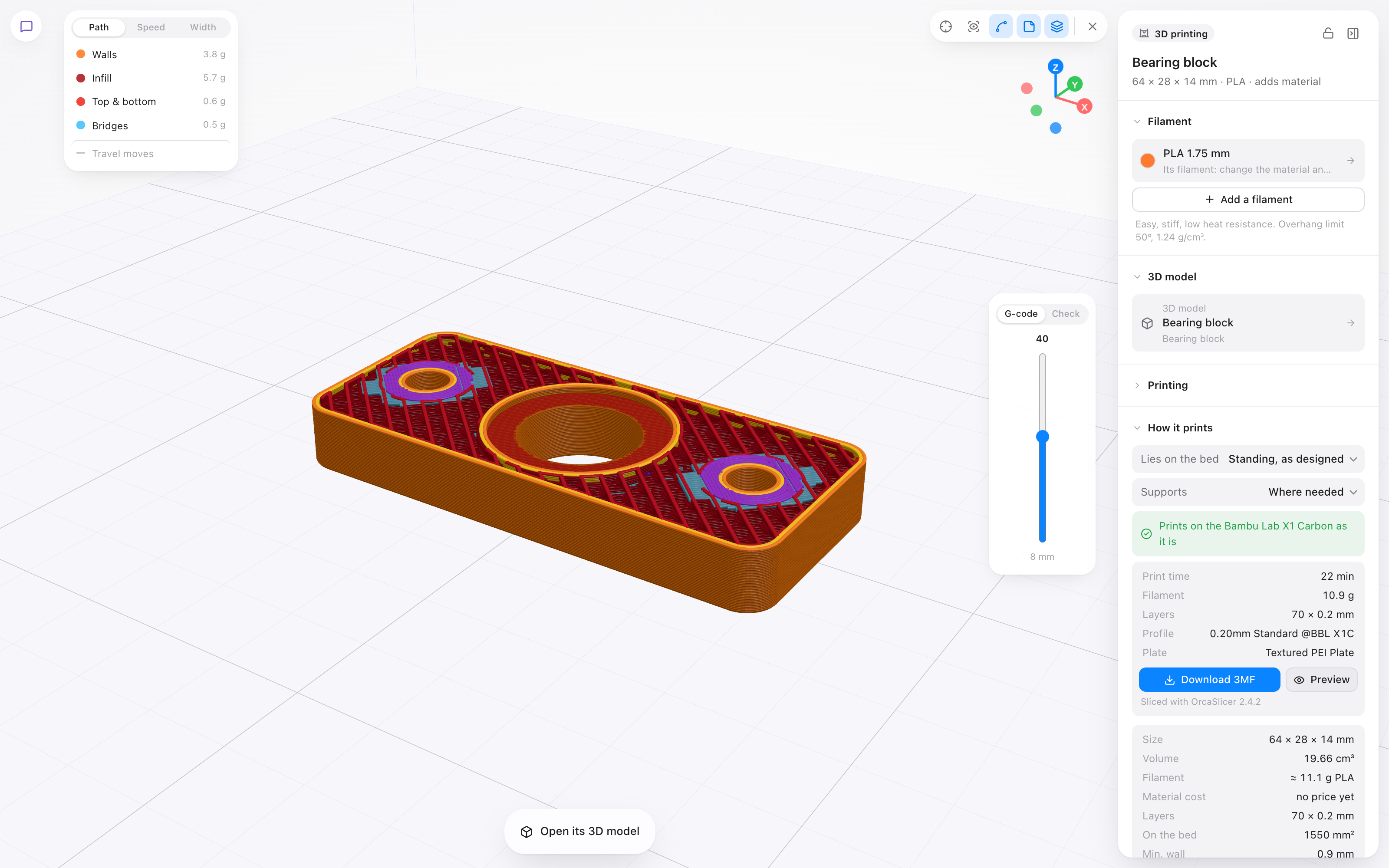 A printed part in CadFlow's print preview: OrcaSlicer's toolpaths, walls in orange and infill in red, cut open at layer 40, with the print time and filament beside it.